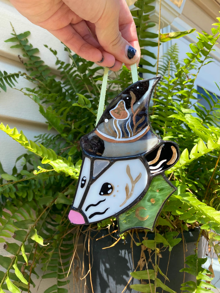 Mini Green Wizard Opossum Stained Glass Suncatcher