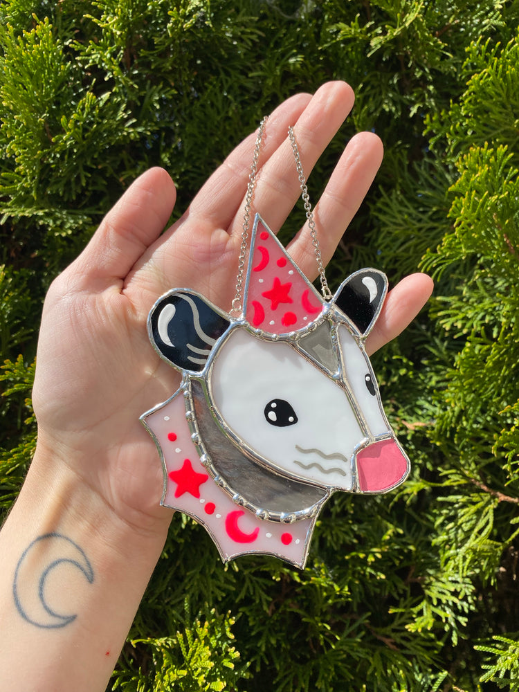 Starry Pink Opossum Mini Stained Glass Ornament