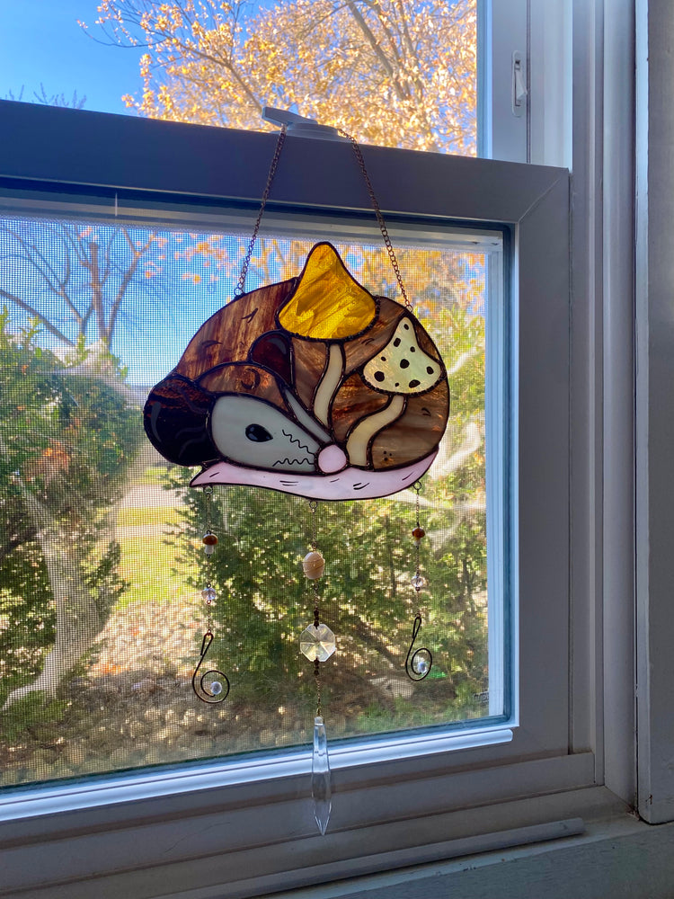 Golden Mushroom Opossum Stained Glass Suncatcher