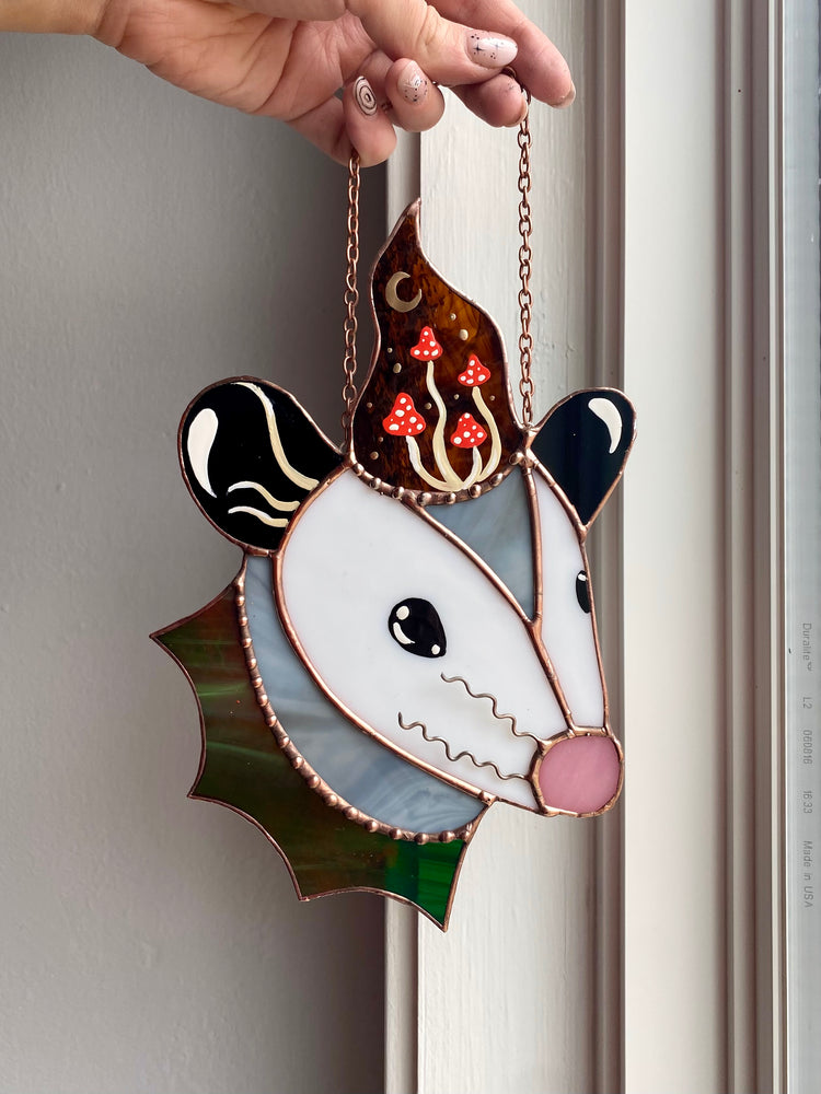 Mushroom Wizard Opossum Stained Glass Suncatcher