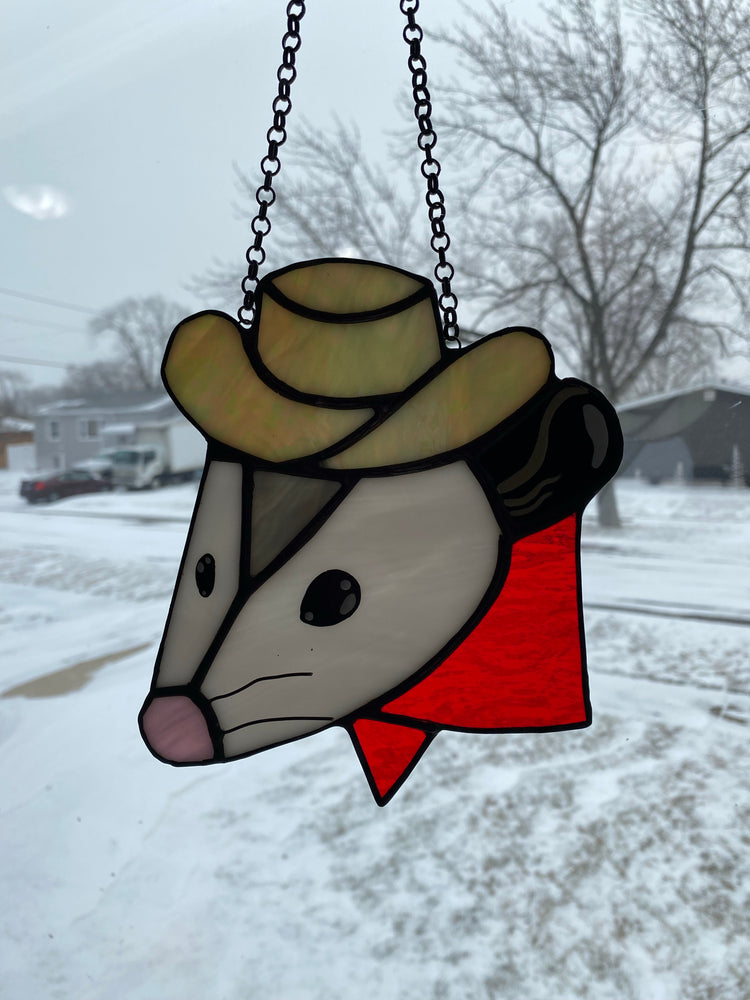 Cowboy Opossum Stained Glass Suncatcher