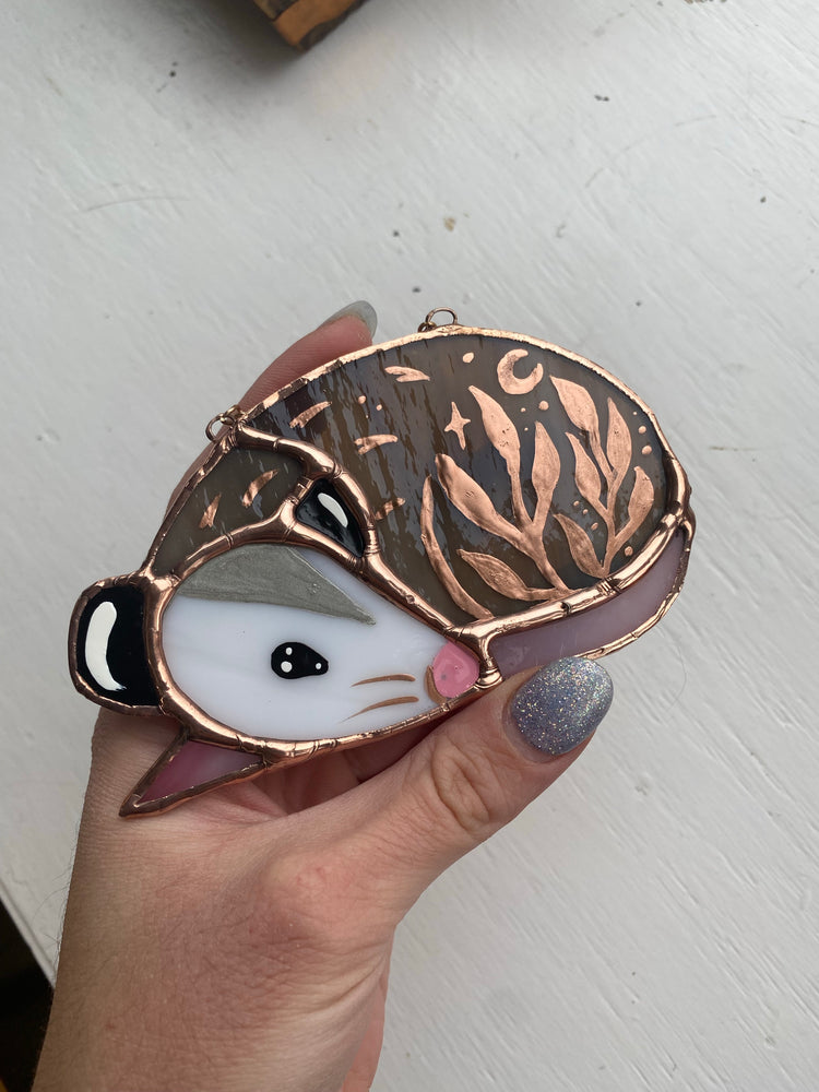 Gold Leaf Opossum Stained Glass Ornament