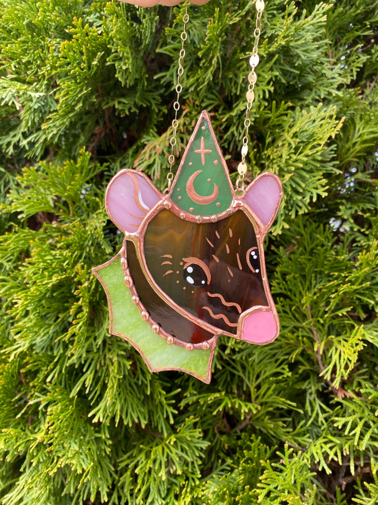 Brown and Green Wizard Rat Mini Stained Glass Suncatcher