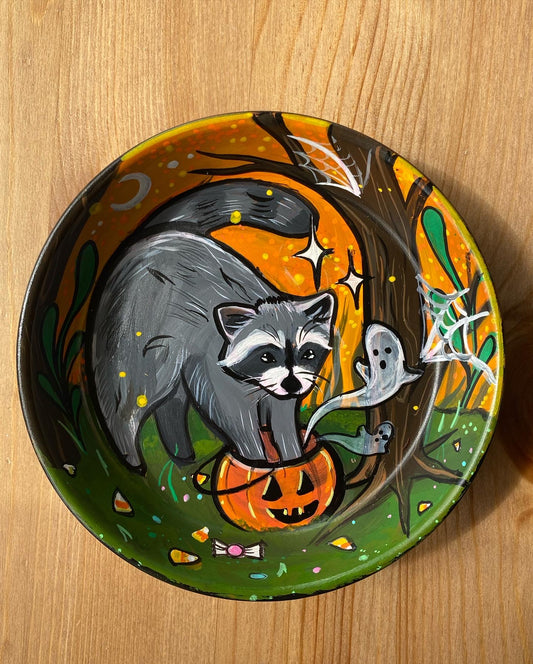 Halloween Raccoon Painted Terracotta Dish