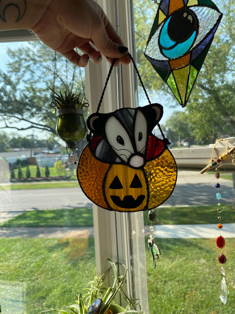 Mini Pumpkin Opossum Stained Glass Suncatcher