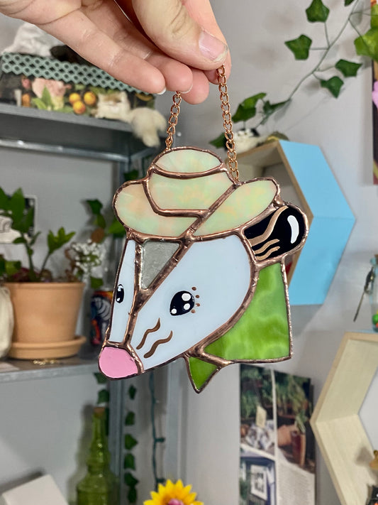 Cracked! Green Mini Cowboy Opossum Stained Glass Ornament