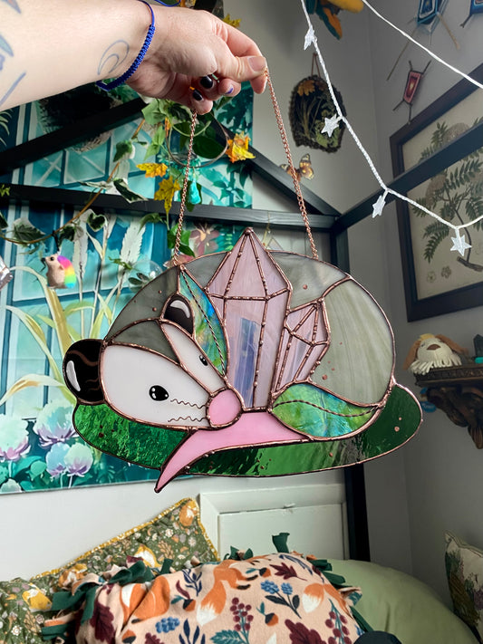 Crystal Guardian Opossum Stained Glass Suncatcher