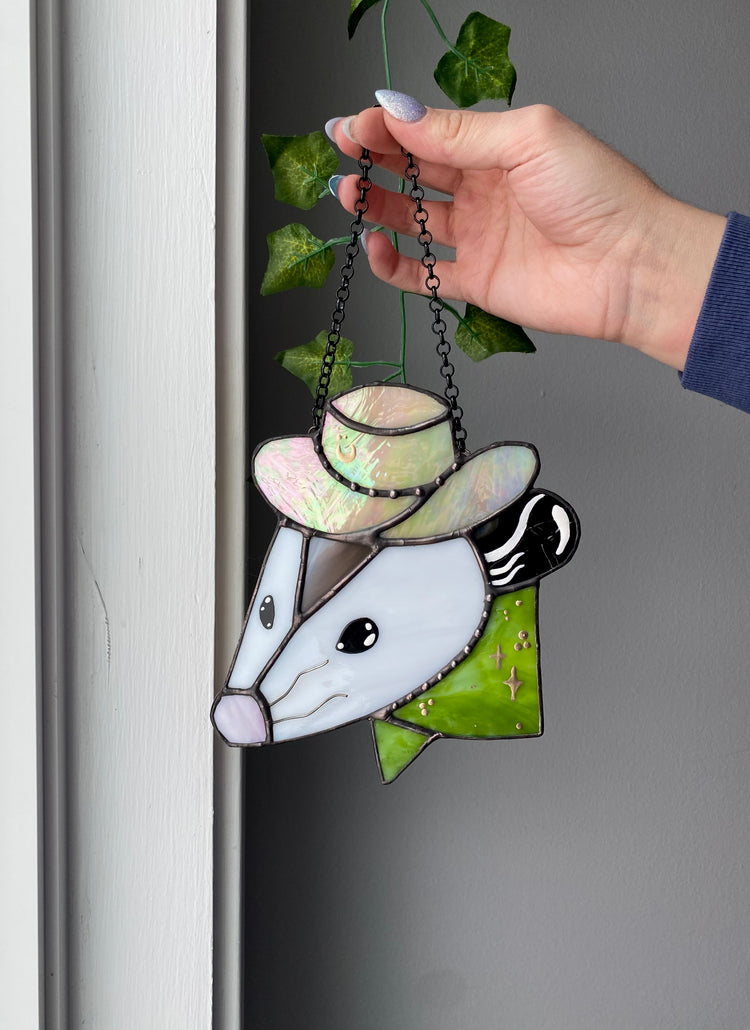 Green Cowboy Opossum Stained Glass Suncatcher