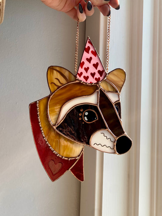 Valentine Raccoon Stained Glass Suncatcher