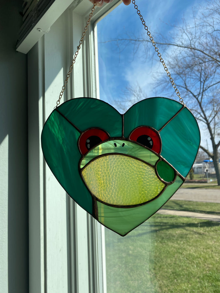 Teal Heart Frog Stained Glass Suncatcher