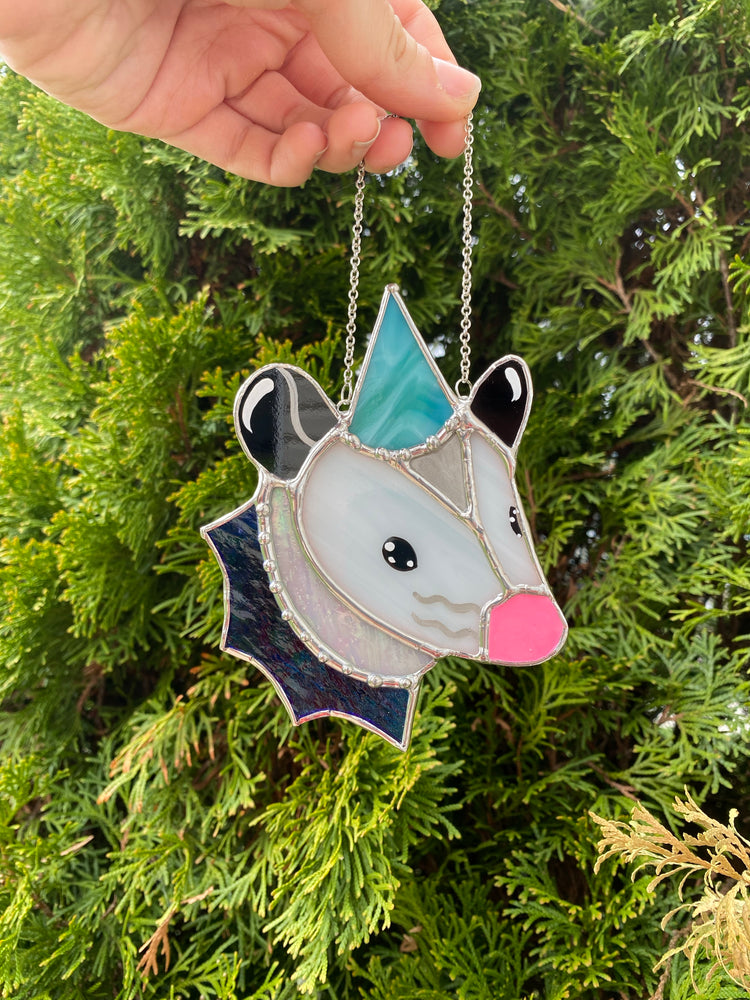 Swirly Teal Wizard Opossum Mini Stained Glass Suncatcher