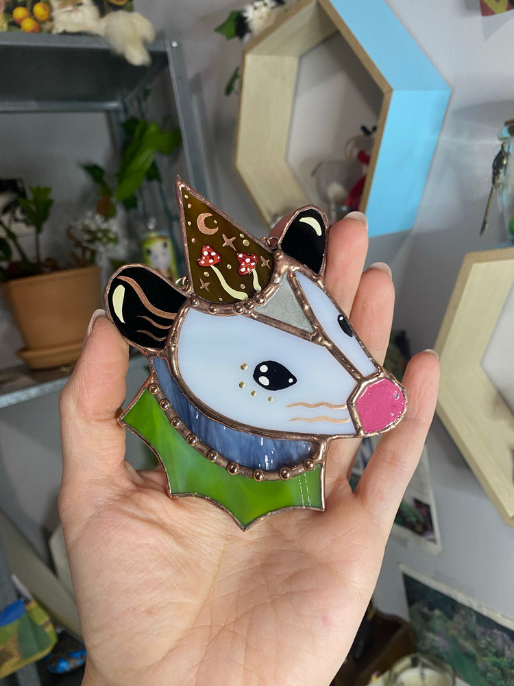 Mini Mushroom Wizard Opossum Stained Glass Ornament