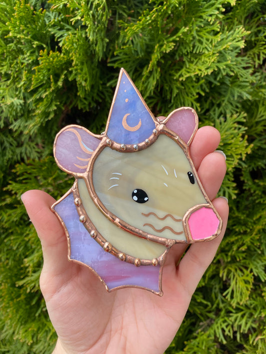 Copper and Pink Tan Wizard Rat Mini Stained Glass Suncatcher