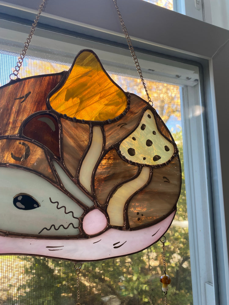 Golden Mushroom Opossum Stained Glass Suncatcher