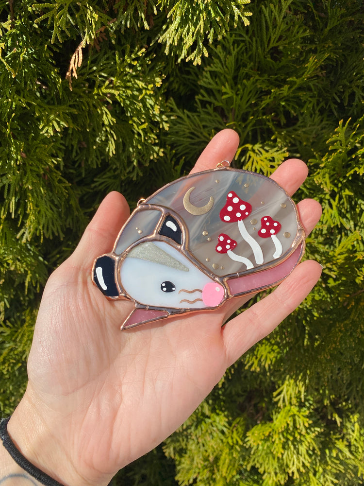 Mini Mushroom Opossum Stained Glass Ornament