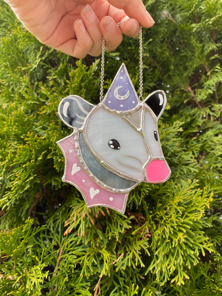 Pink and Purple Wizard Opossum Mini Stained Glass Suncatcher