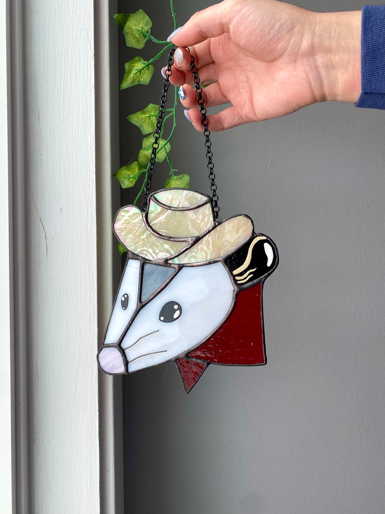 Cowboy Opossum Stained Glass Suncatcher