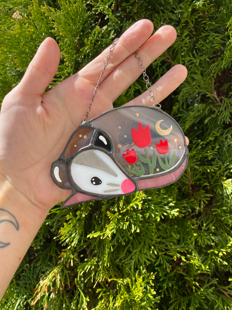 Sleepy Flower Opossum Mini Stained Glass Ornament