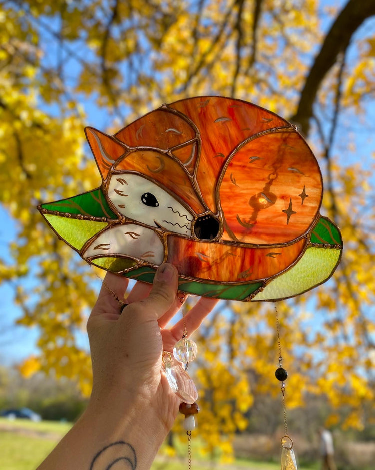 Smiley Leaf Fox Stained Glass Suncatcher