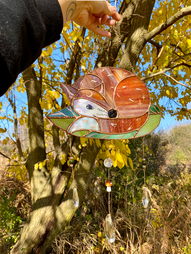 Smiley Leaf Fox Stained Glass Suncatcher