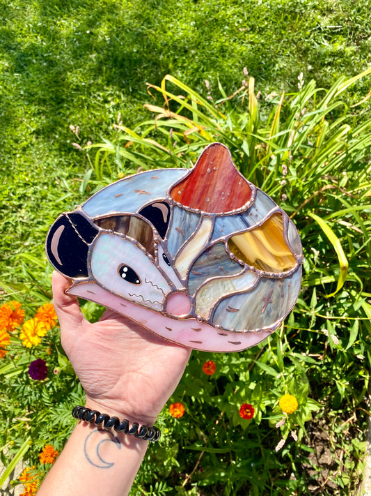 Mushroom Opossum Stained Glass Suncatcher