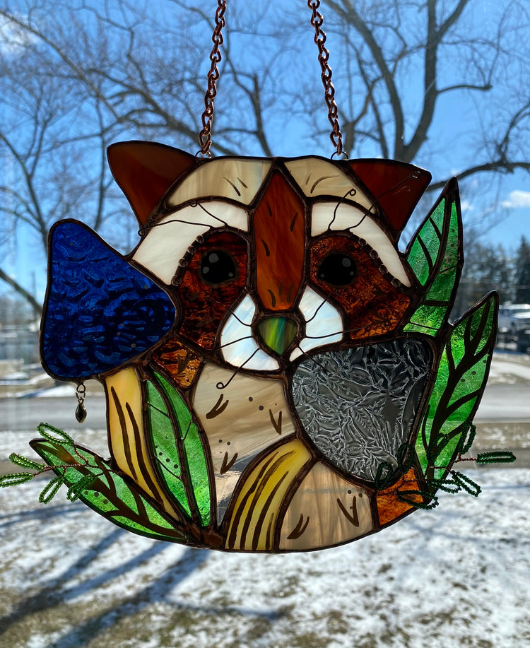 Cosmic Raccoon Stained Glass Suncatcher