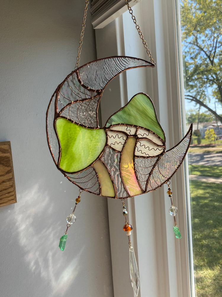 Irridescent Forest Green Mushroom Moon Suncatcher