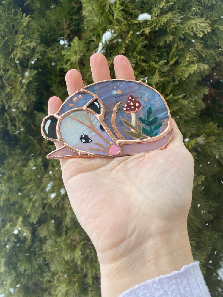 Mushroom Opossum Stained Glass Ornament