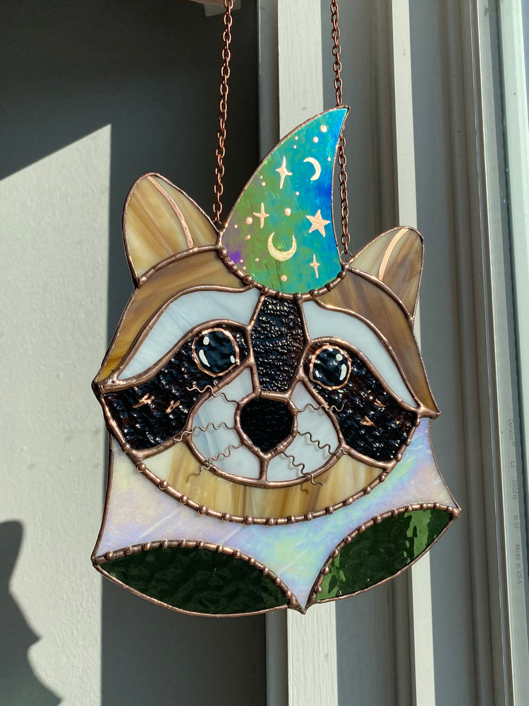 Wizard Raccoon Stained Glass Suncatcher