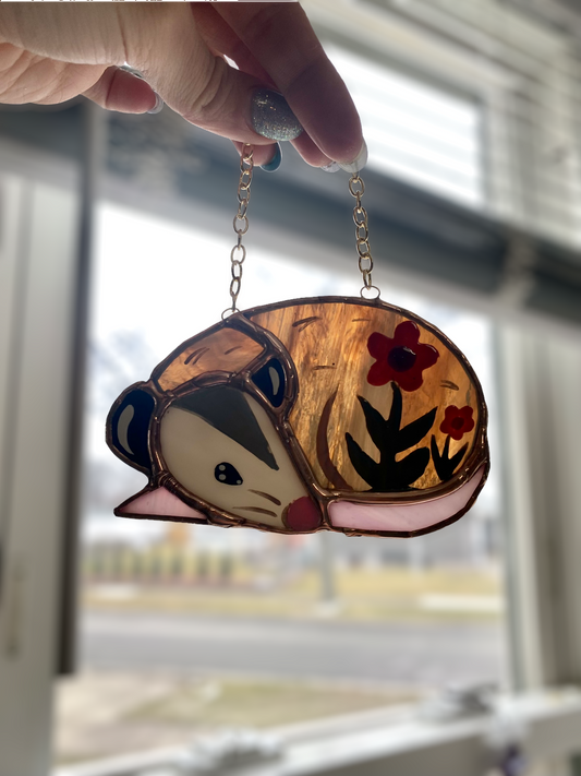 Flower Opossum Stained Glass Ornament