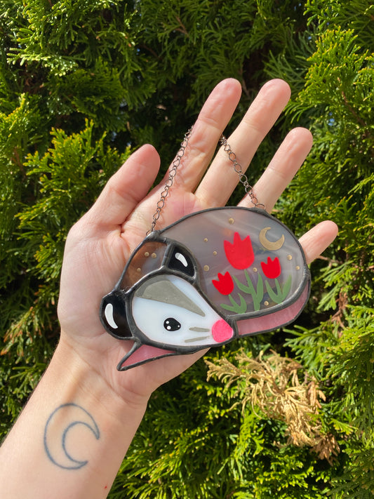 Sleepy Flower Opossum Mini Stained Glass Ornament