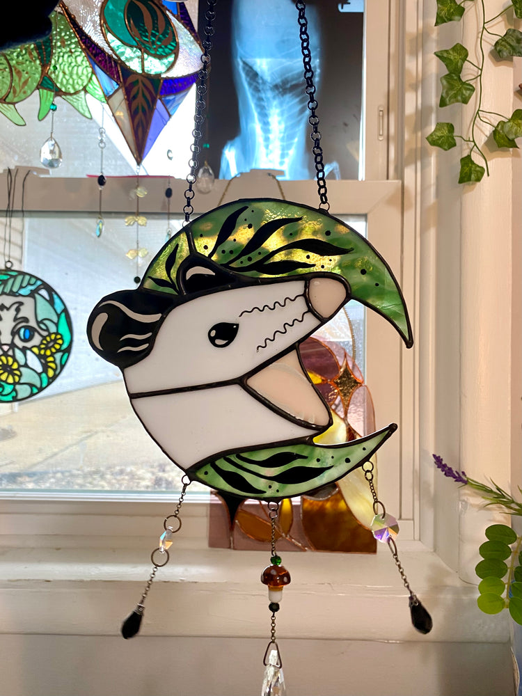 Green Floral Moon Opossum Suncatcher