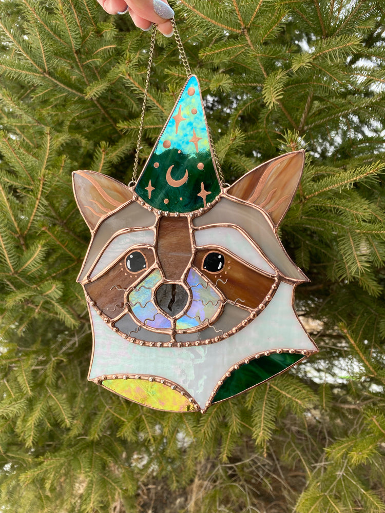 Wizard Raccoon Stained Glass Suncatcher