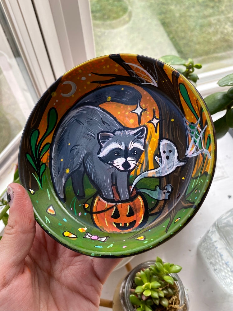 Halloween Raccoon Painted Terracotta Dish