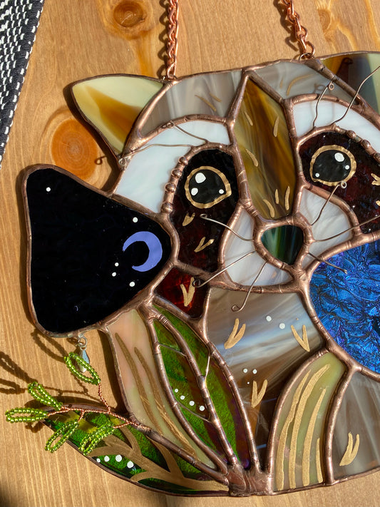 Cosmic Raccoon Stained Glass Suncatcher