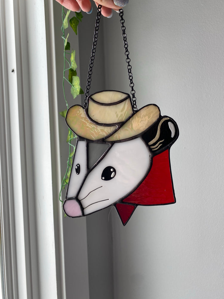 Cowboy Opossum Stained Glass Suncatcher