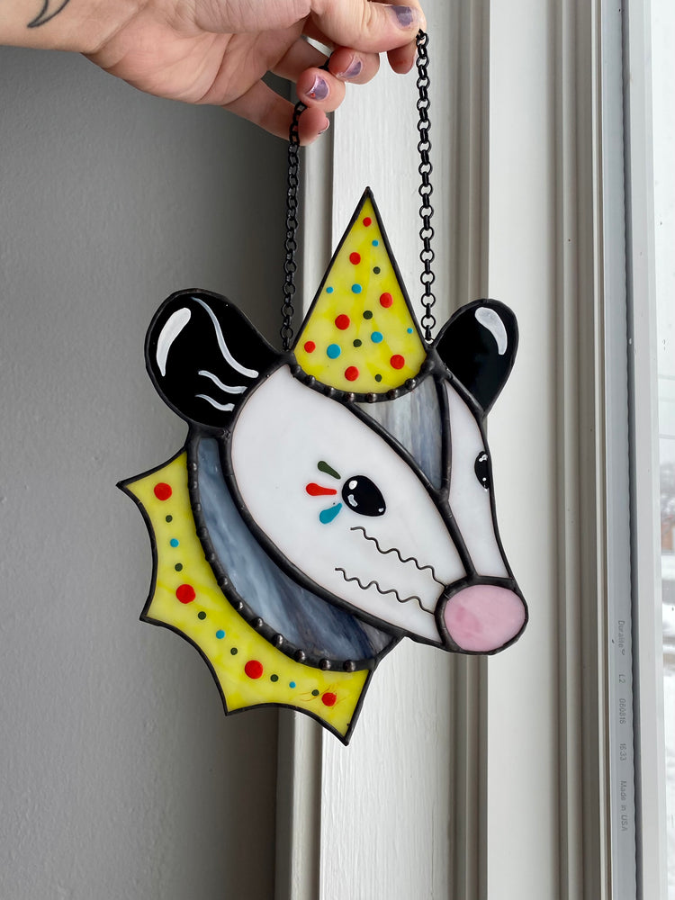 Clown Opossum Stained Glass Suncatcher