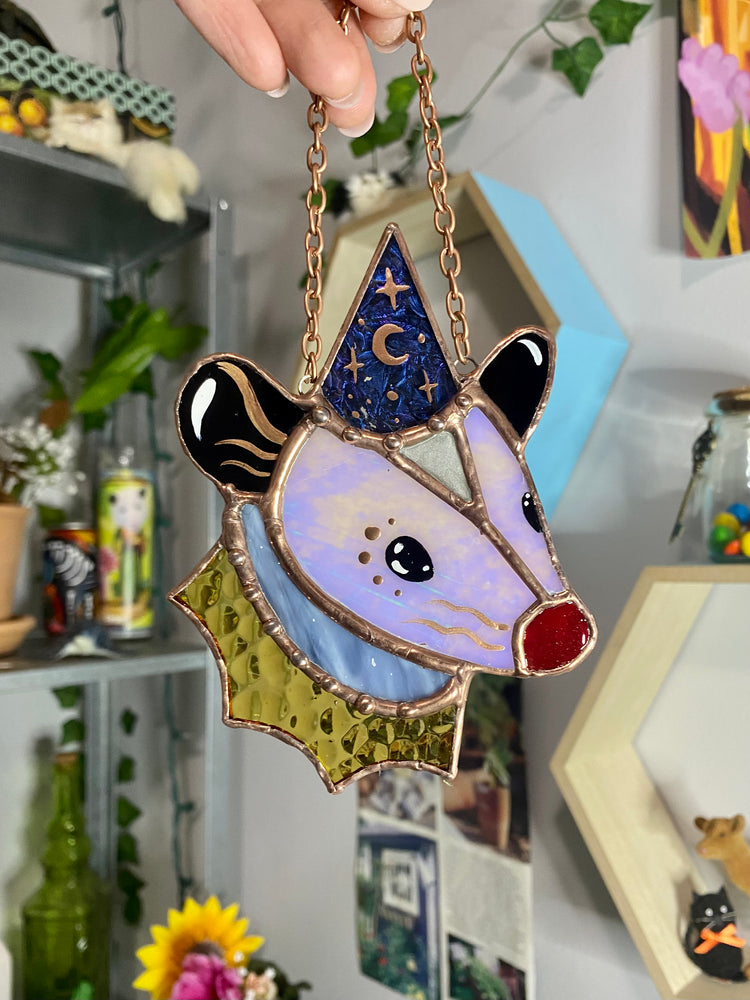 Mini Iridescent Wizard Opossum Stained Glass Ornament