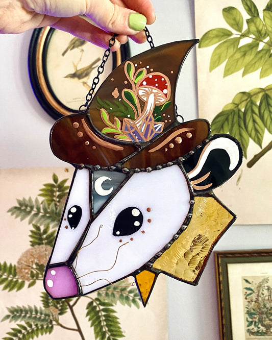 Yellow Cottagecore Wizard Opossum Stained Glass Suncatcher